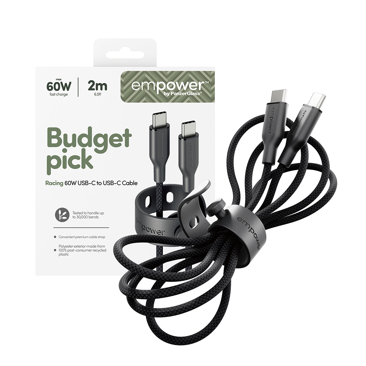 PanzerGlass empower by ® Racing 60W USB-C to USB-C Kabel | USB 2.0 | 2M | Space Black