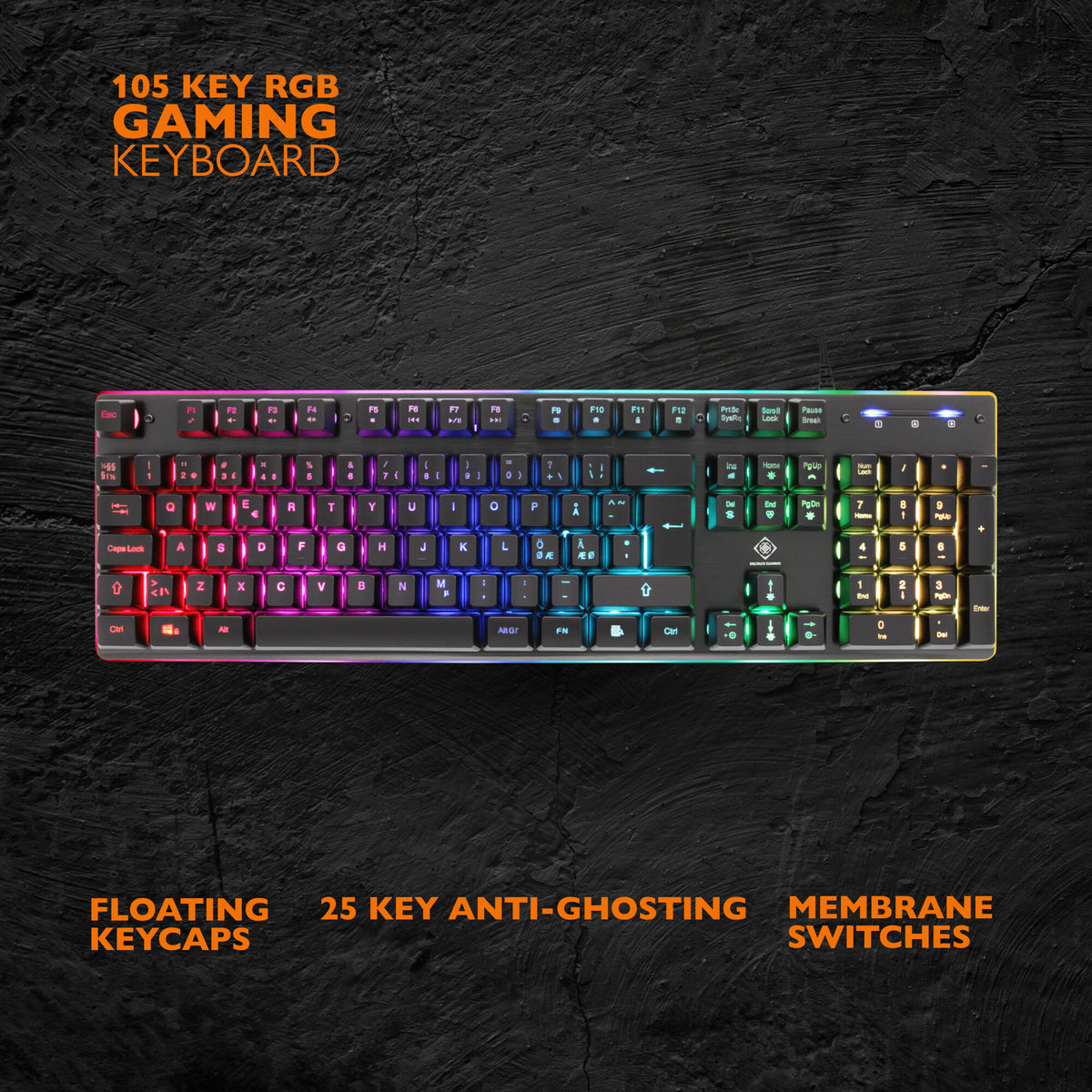 Deltaco Gaming RGB-tastatur, 105 taster, nordisk layout, orange LED-belysning, USB, sort/RGB