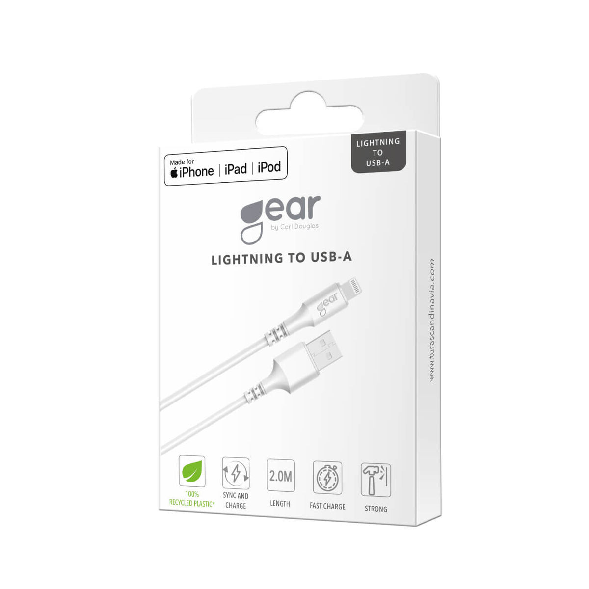 Gear Rundt ladekabel Lightning til USB-A 2m Hvid MFI