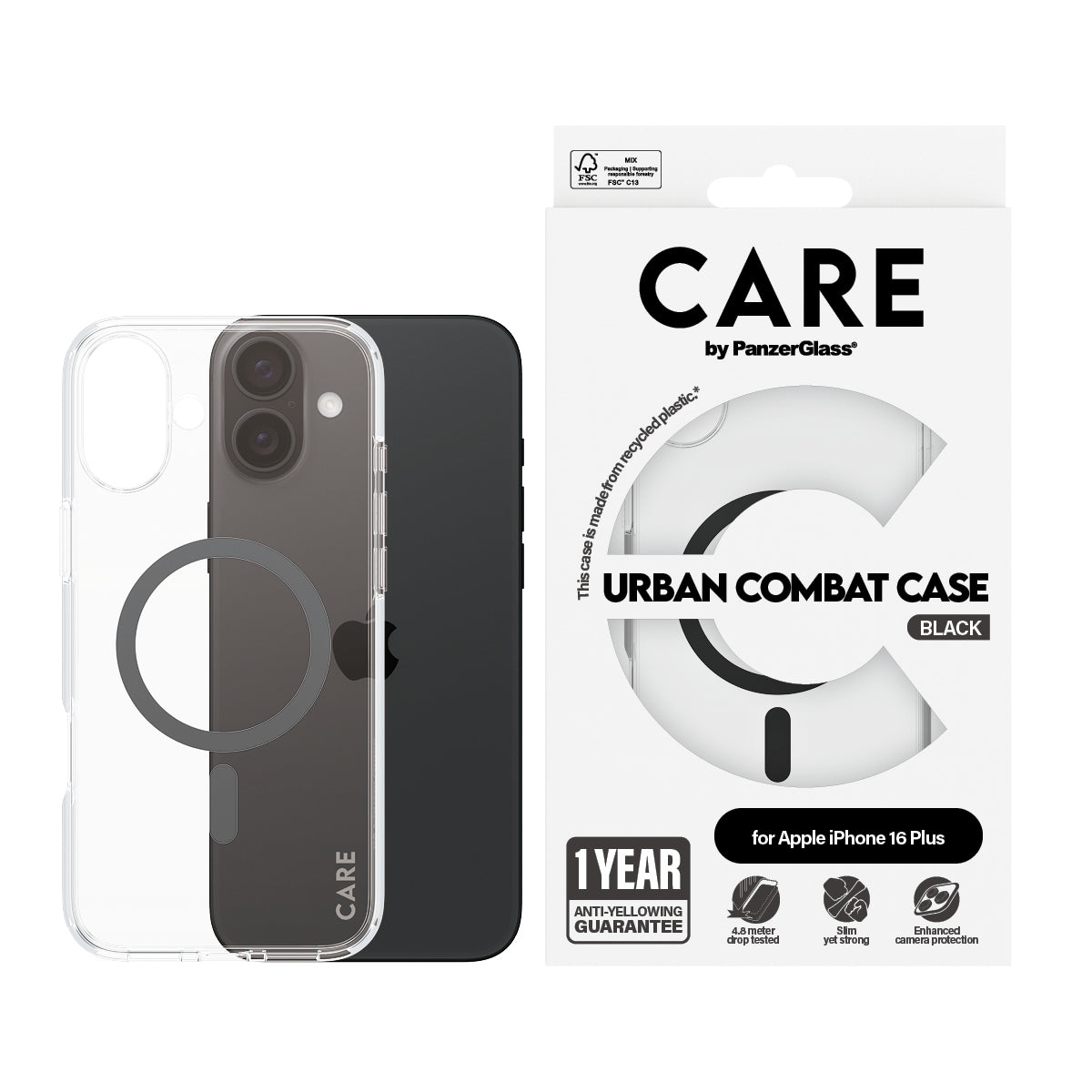 PanzerGlass CARE by ® Flagship Case Transparent Urban Combat m. Sort MagSafe iPhone 16 Plus