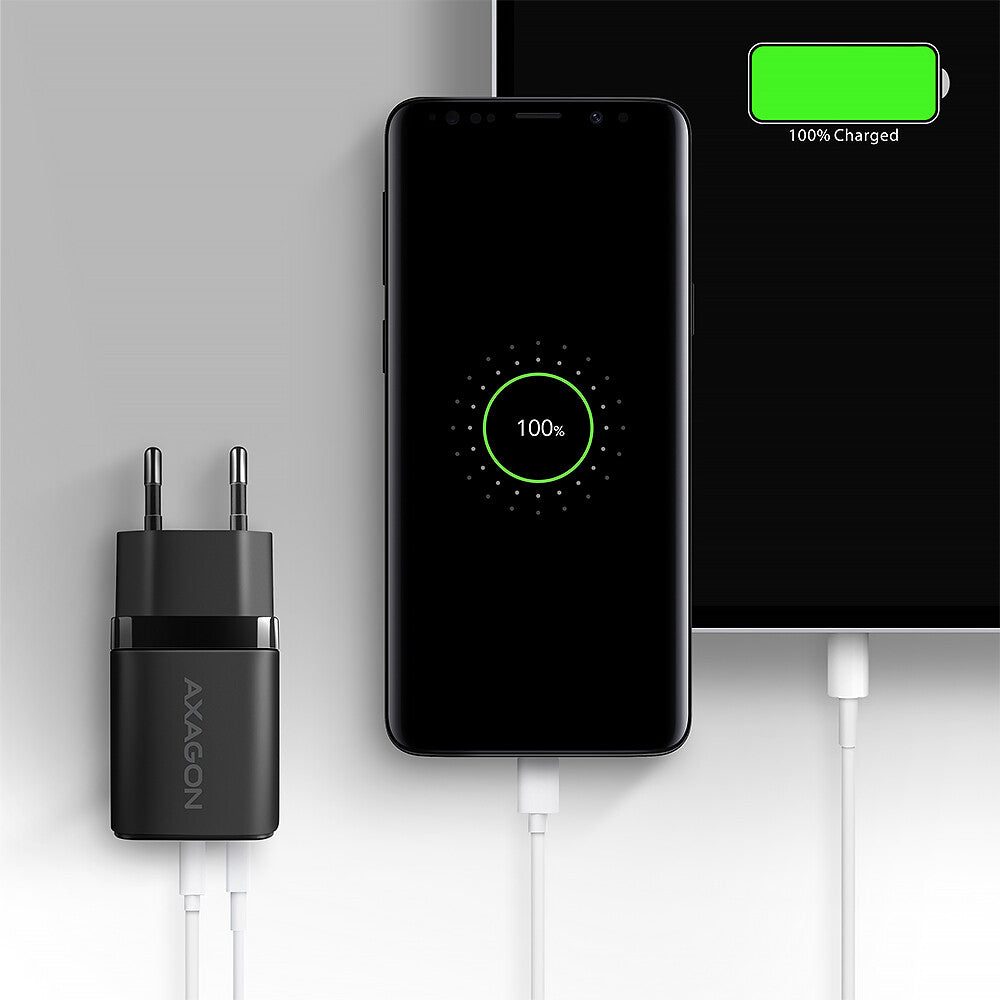 Axagon ACU-PQ20 wall charger QC3.0/AFC/FCP+ PD type-C 20 W - schwarz - USB Typ C Mobiltelefon, Smartphone, SmartWatch, Tablet, Universel Sort Vekselstrøm Hurtig opladning Indendørs
