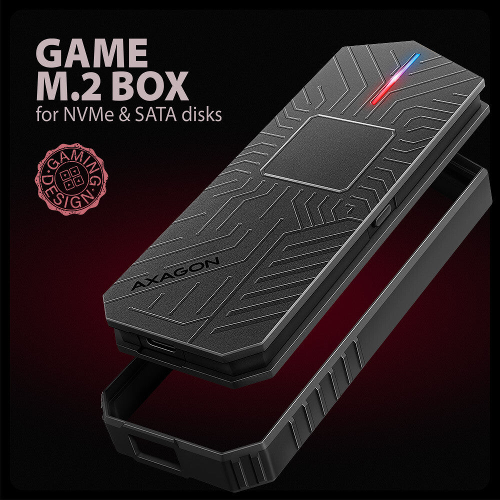 Axagon EEM2-GAM, USB-C 10Gbps - NVMe & SATA SSD GAME M.2 box, bezšroubkový SSD kabinet Sort