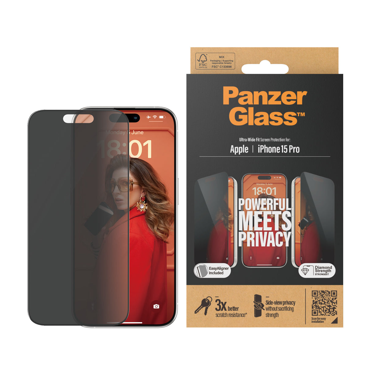 PanzerGlass ® Privacy Skærmbeskyttelse iPhone 15 Pro | Ultra-Wide Fit m. EasyAligner