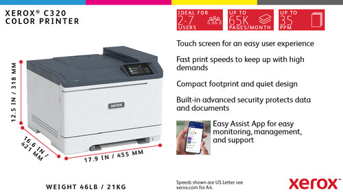 Xerox C320, A4, 28 sider/min, trådløs dupleksprinter, PS3 PCL5e/6, 2 magasiner, i alt 251 ark