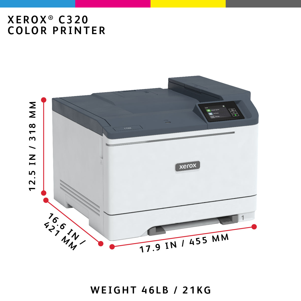 Xerox C320, A4, 28 sider/min, trådløs dupleksprinter, PS3 PCL5e/6, 2 magasiner, i alt 251 ark