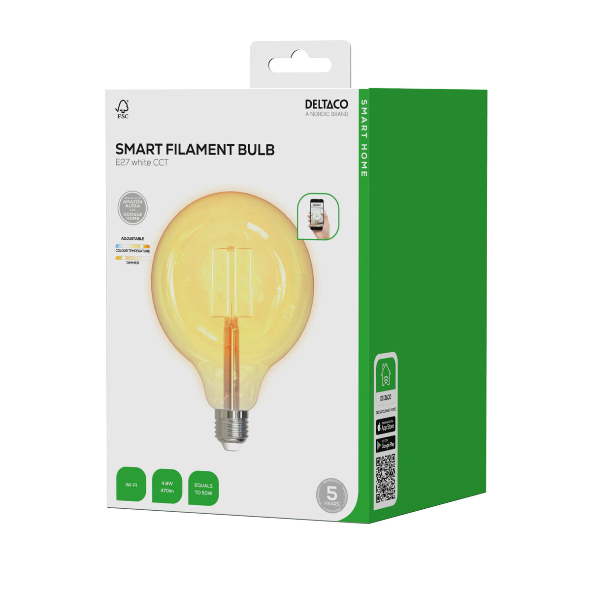 Deltaco SMART H LED filament lamp E27 WiFI 2.4GHz 5.5W 470lm Dim
