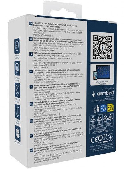 Gembird TA-UC-2A2C-PD65-01-BK oplader til mobil enhed Laptop, Smartphone Sort Vekselstrøm Hurtig opladning Indendørs