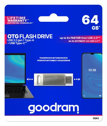 Goodram ODA3 USB flash drive 64 GB USB Type-A / USB Type-C 3.2 Gen 1 (3.1 Gen 1) Silver