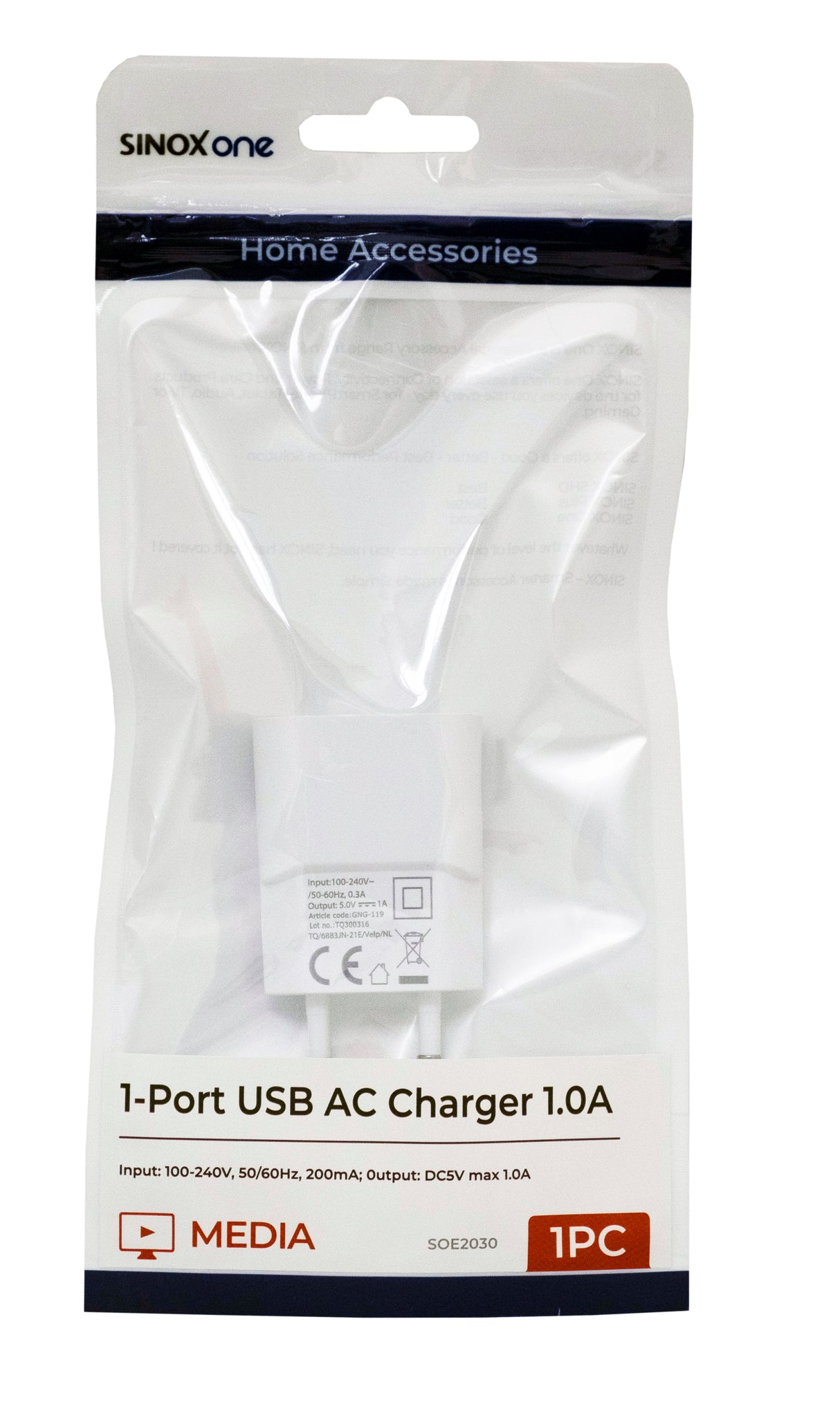 Sinox One 230V USB A oplader. 1,0A. Hvid