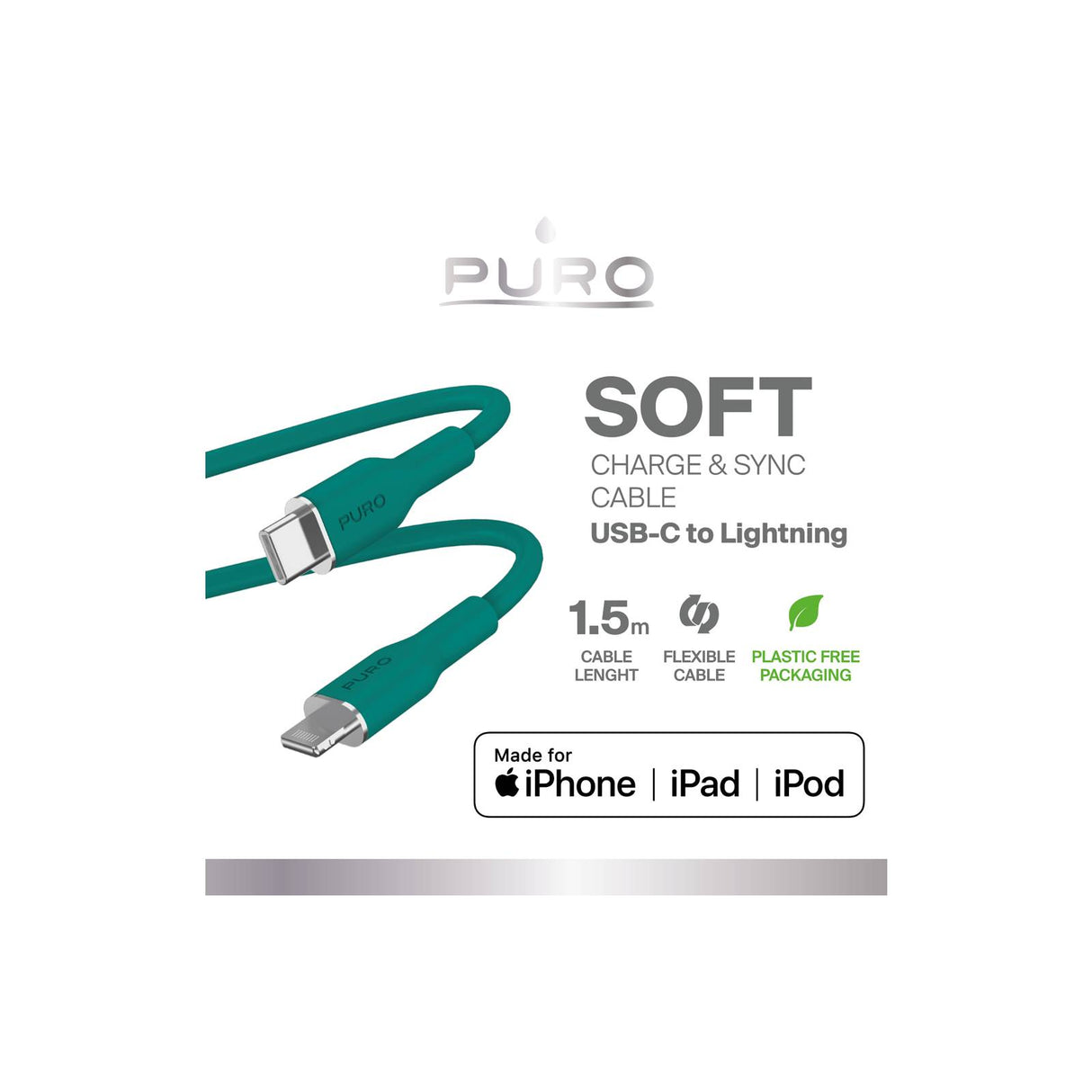 PURO SOFT-kabel til strøm- og datasynkronisering fra USB-C til Lightning 1,5 m