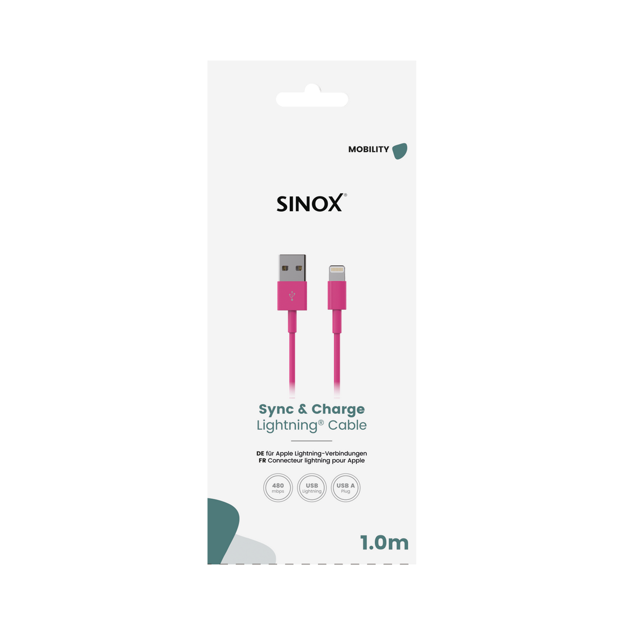 Sinox Lightning kabel. 1m. Pink