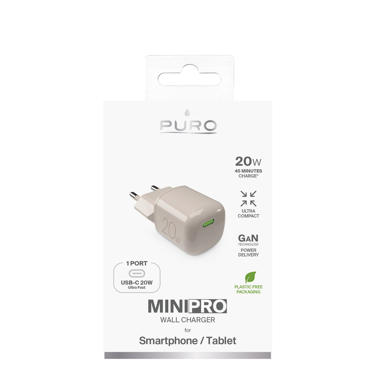PURO MiniPro 20W USB-C-vægoplader - GAN-teknologi