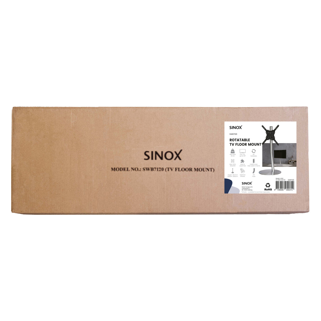 Sinox StandView TV gulvstand, vinklet med drejbar top. 26"-65". Alu finish