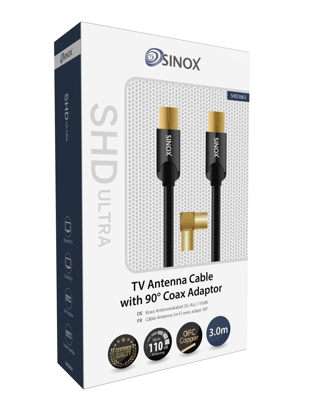 Sinox SHD antennekabel. 3m. Sort