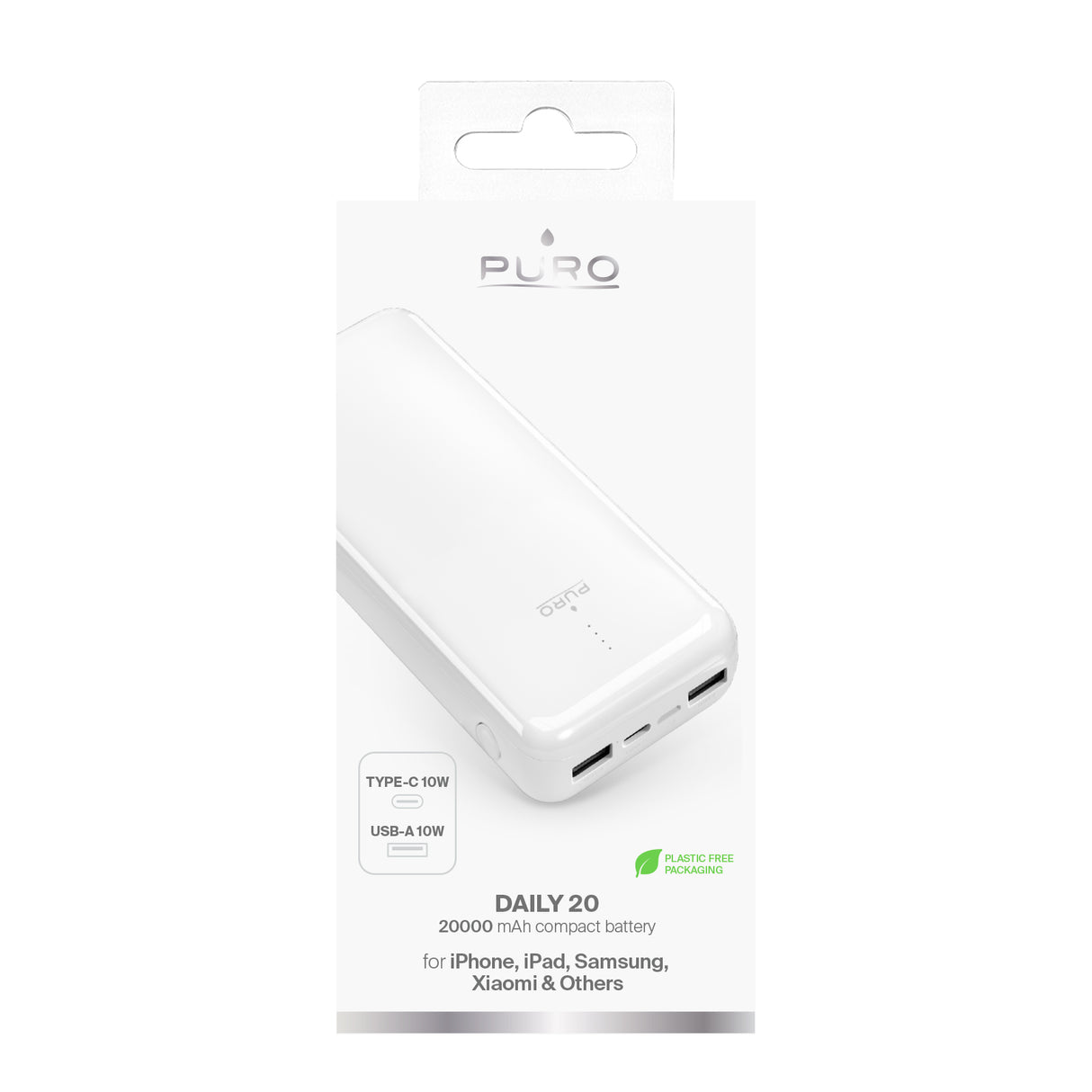 PURO Power Bank 20000mAh USB-C + 2 USB-A hurtigopladning. Hvid