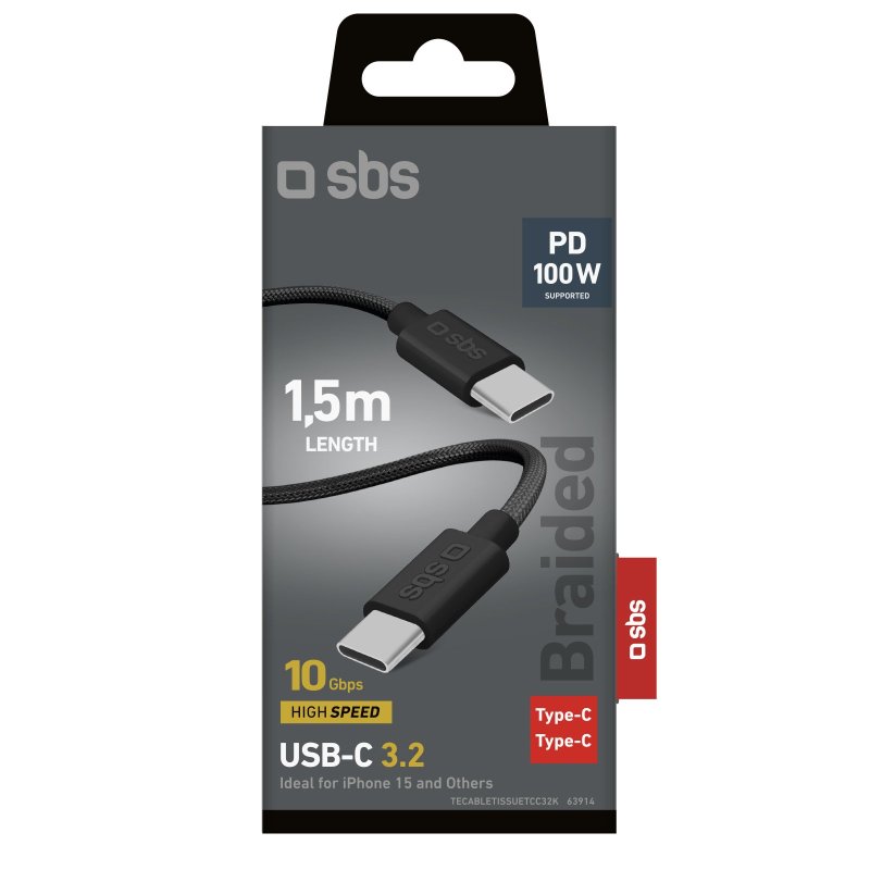 SBS USB-C 3.2 100W PD opladnings- og datakabel. 1.5m. Sort