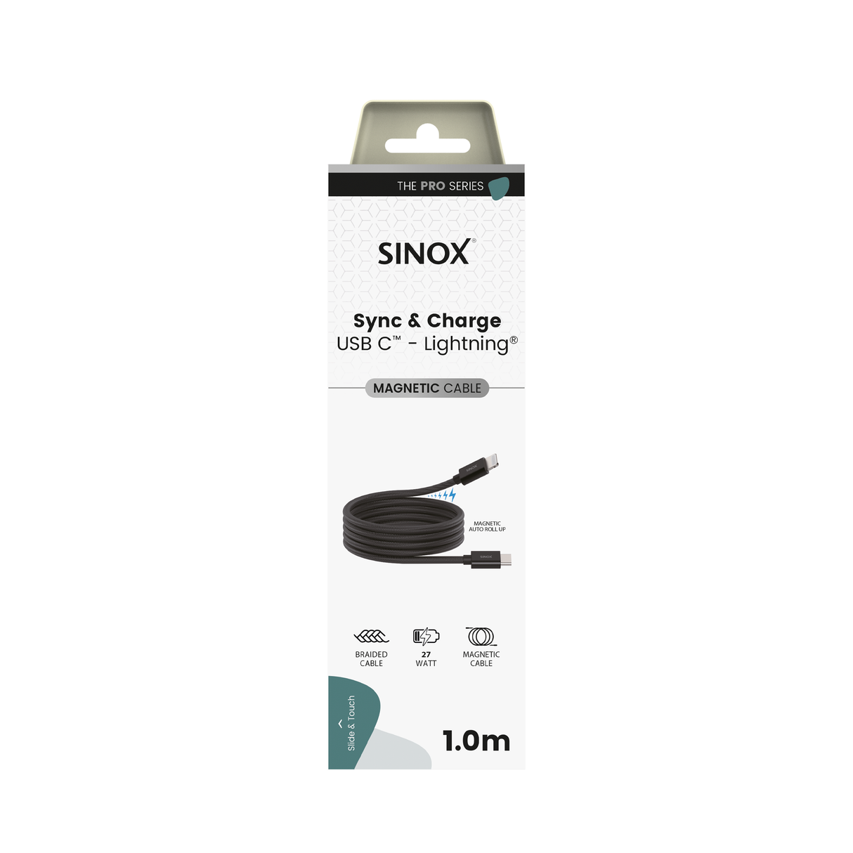 Sinox PRO USB C til Lightning magnetisk kabel. 1m. Sort