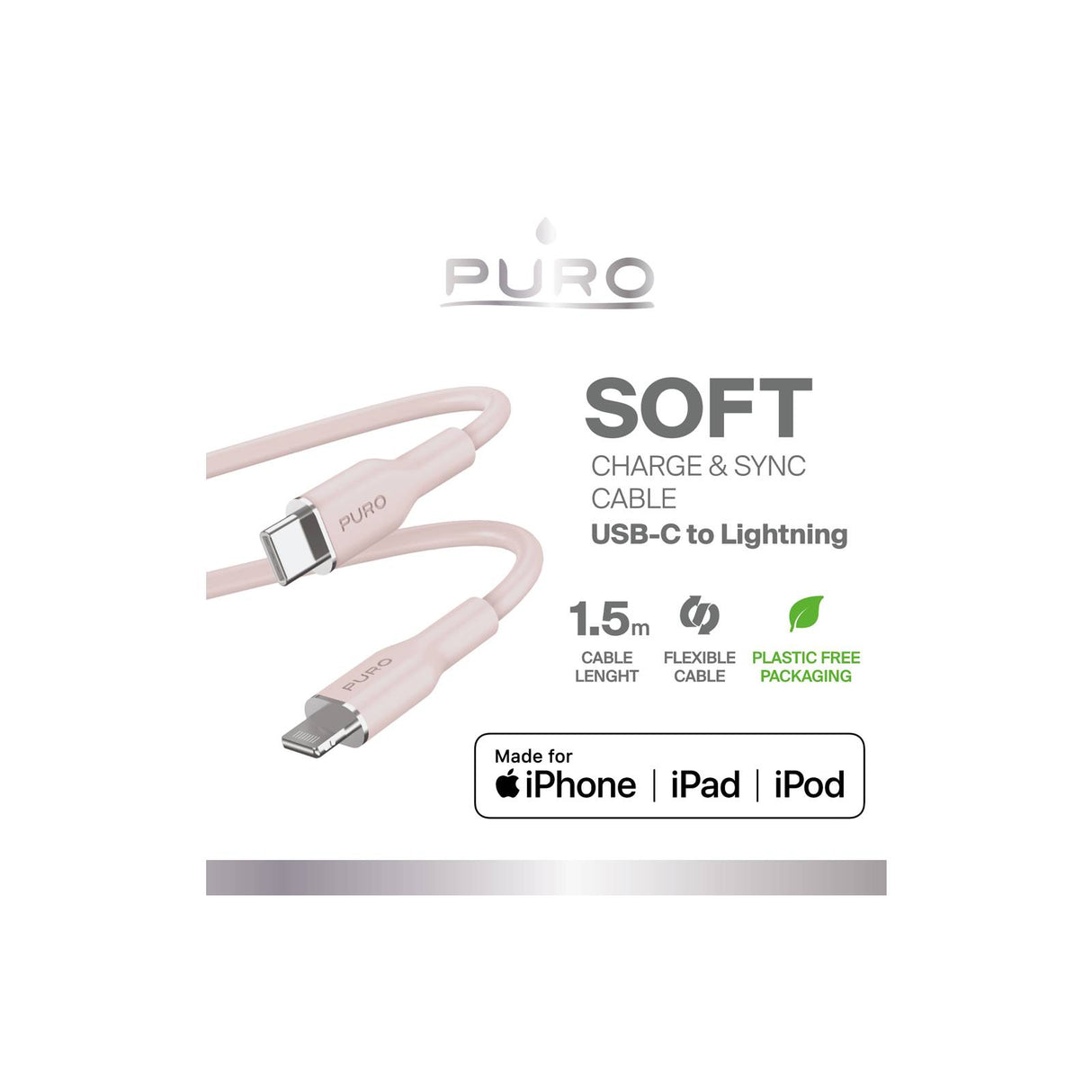 PURO SOFT-kabel til strøm- og datasynkronisering fra USB-C til Lightning 1,5 m