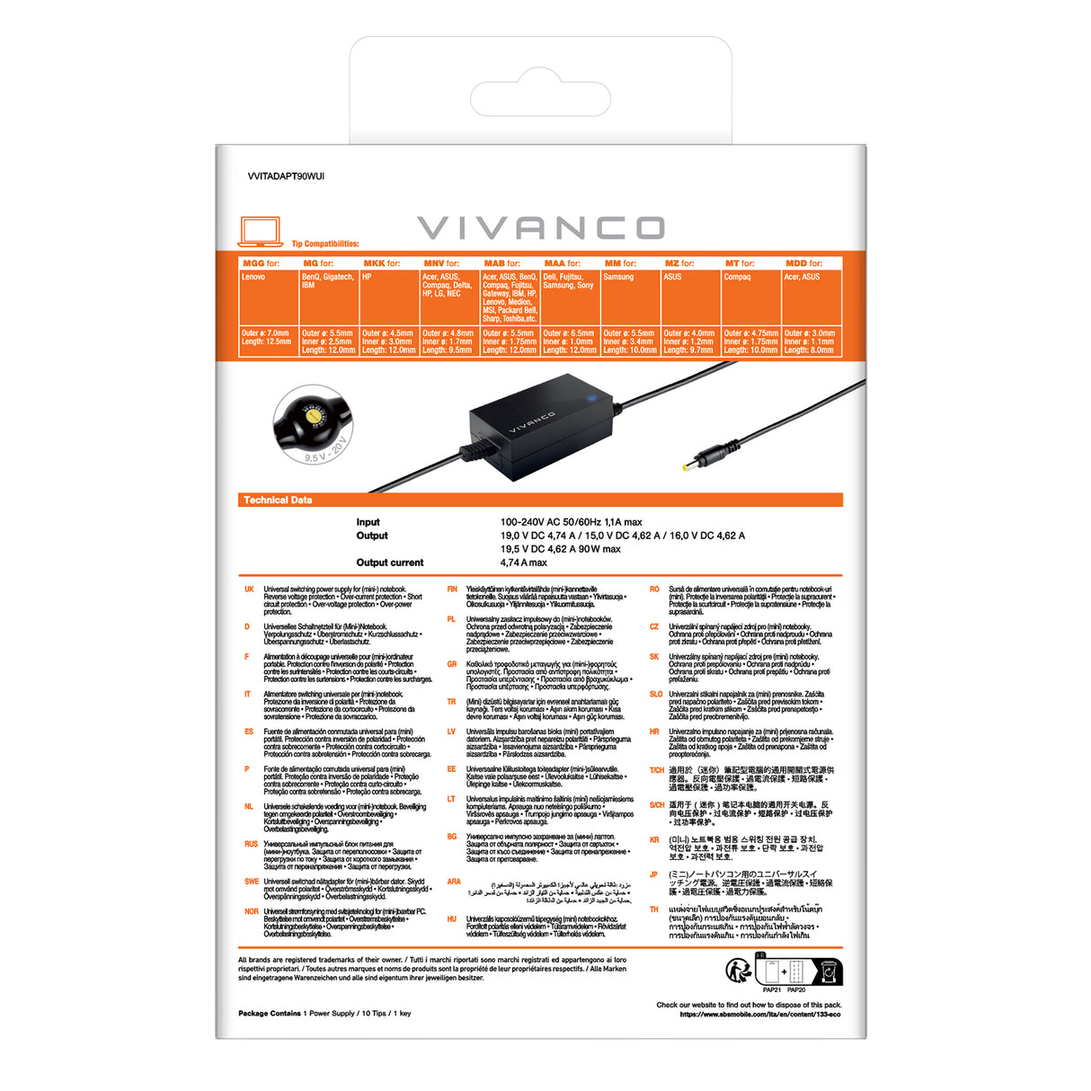 Vivanco Universal switching-strømforsyning til notebooks og netbooks, 90 watt