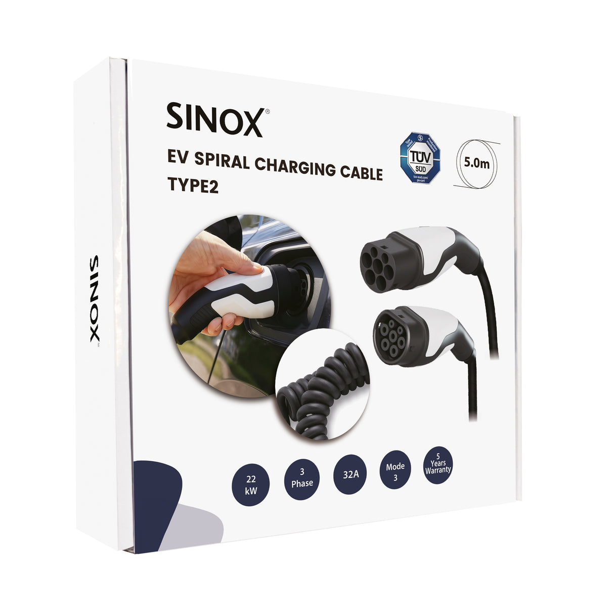 Sinox EV spiral ladekabel Mode 3. 32A 3 faser. 5m. Sort