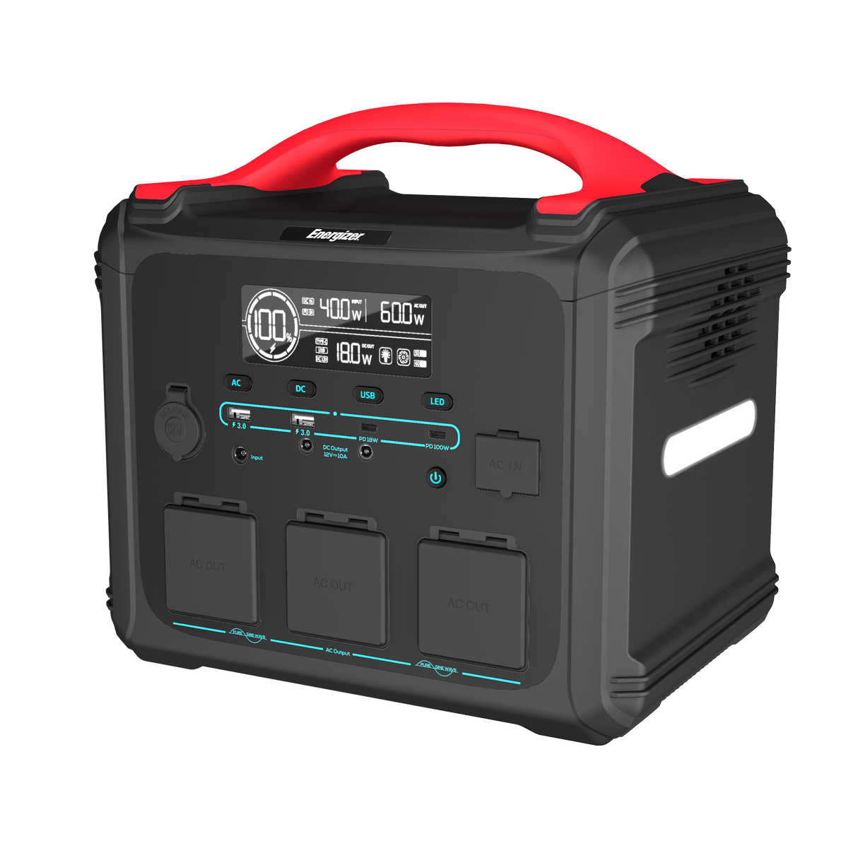 Energizer 1102Wh bærbart kraftværk med 2400W. Sort