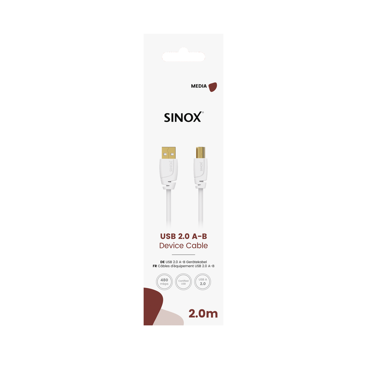 Sinox USB 2.0 kabel. 1,8m. Hvid