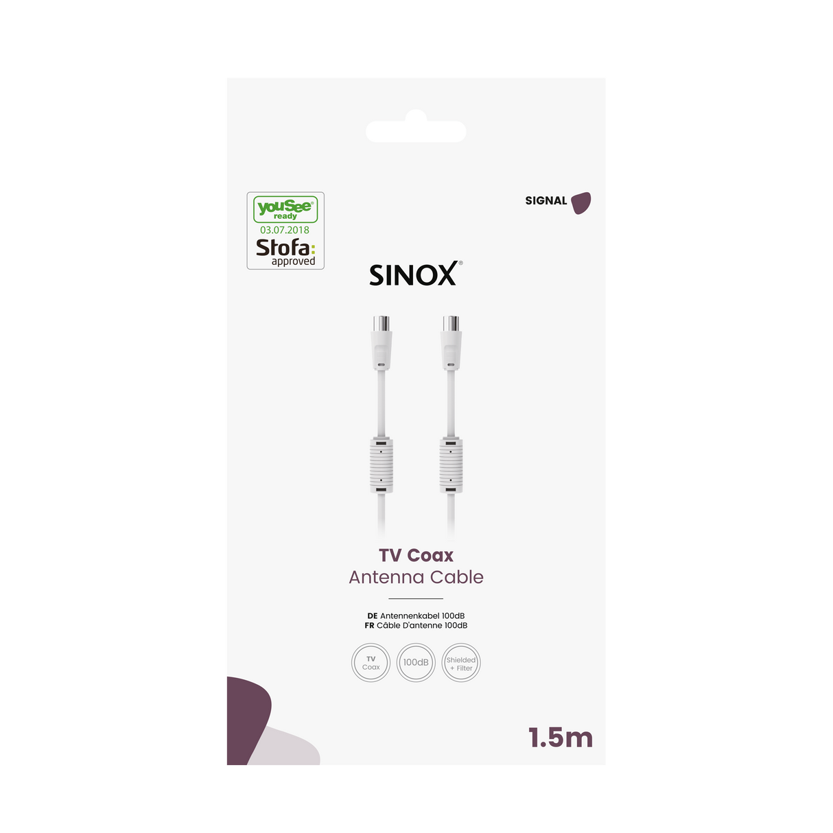 Sinox antennekabel. YouSee & Stofa godkendt. 1,5m. Hvid