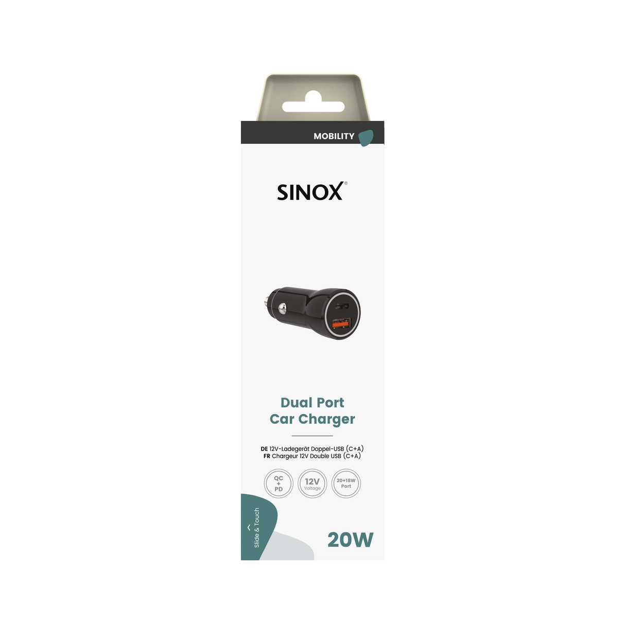 Sinox 12V dobbelt USB biloplader. USB A 18W + USB C 20W. Sort