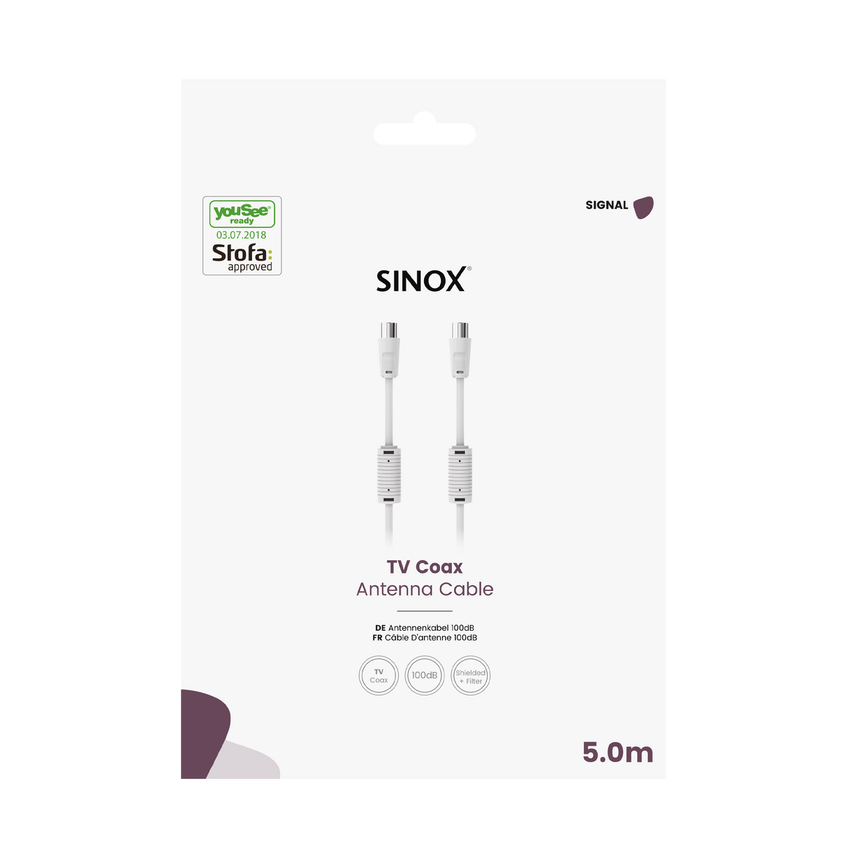 Sinox antennekabel. YouSee & Stofa godkendt. 3m. Hvid