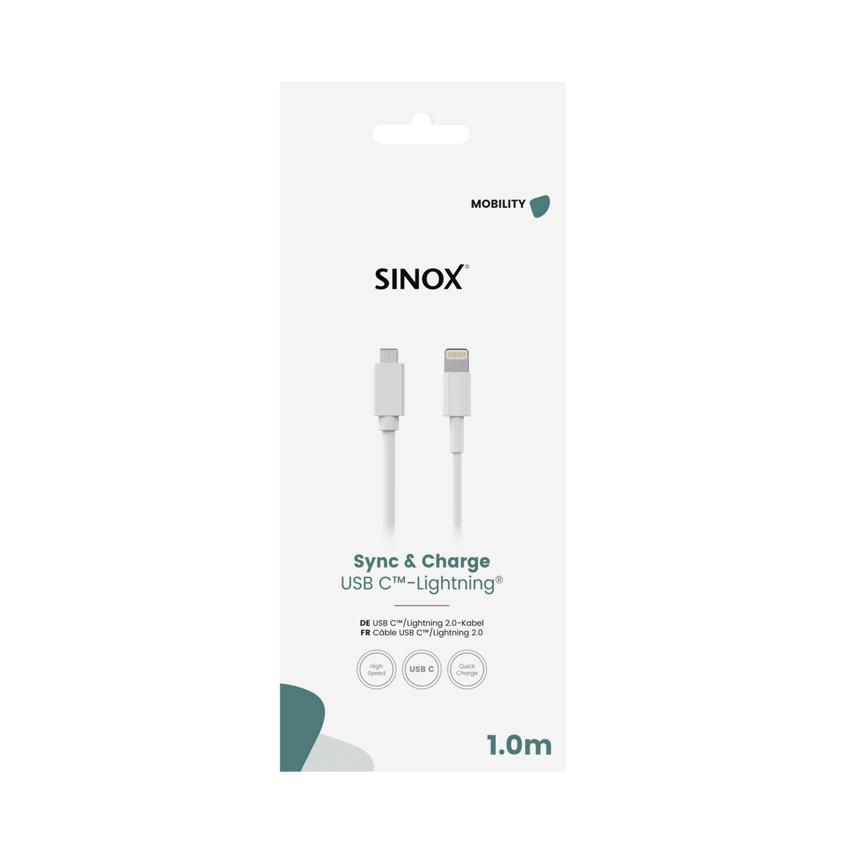 Sinox USB C til Lightning kabel. 1m. Hvid