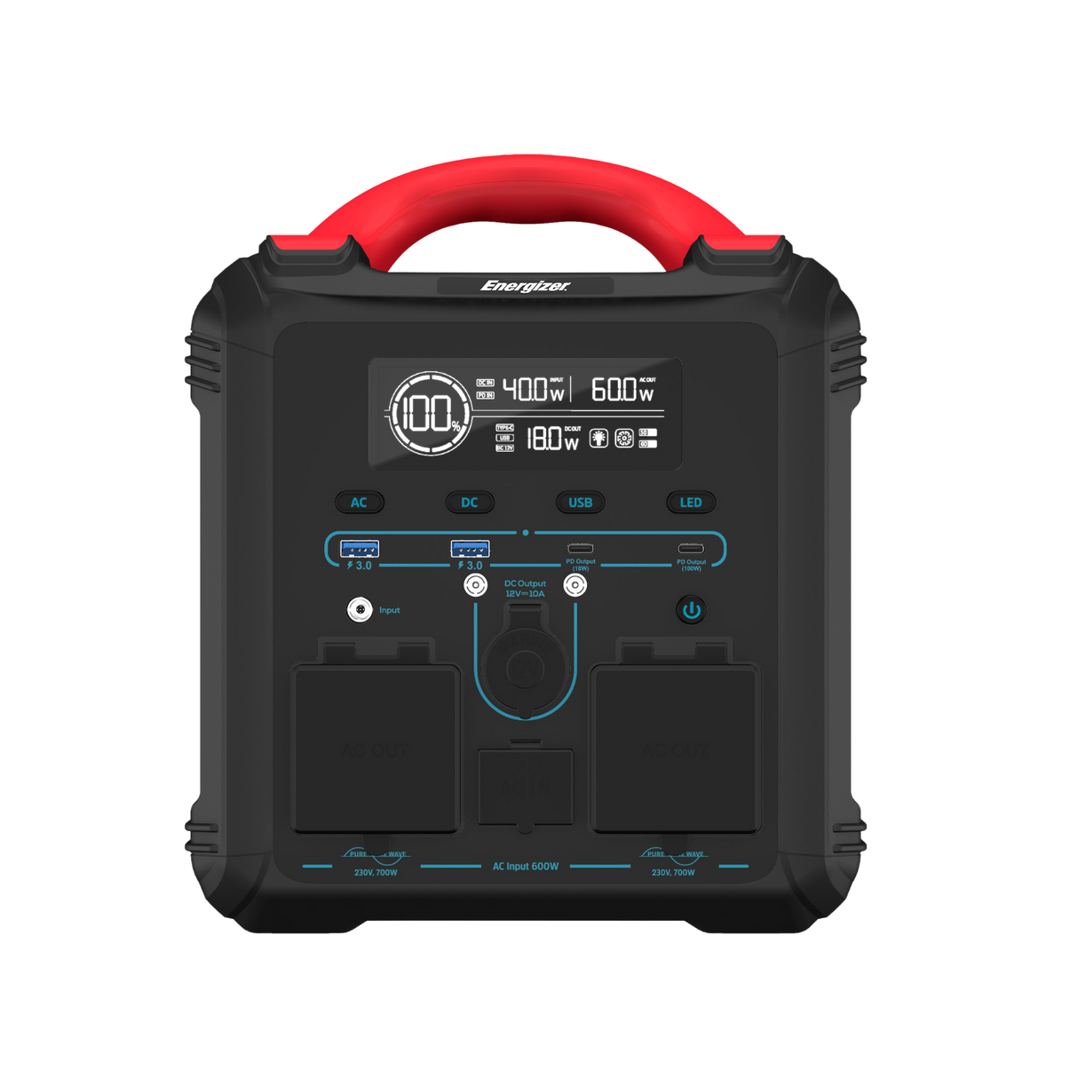 Energizer 700W bærbar kraftstation med dobbelt PD-udgang. Sort