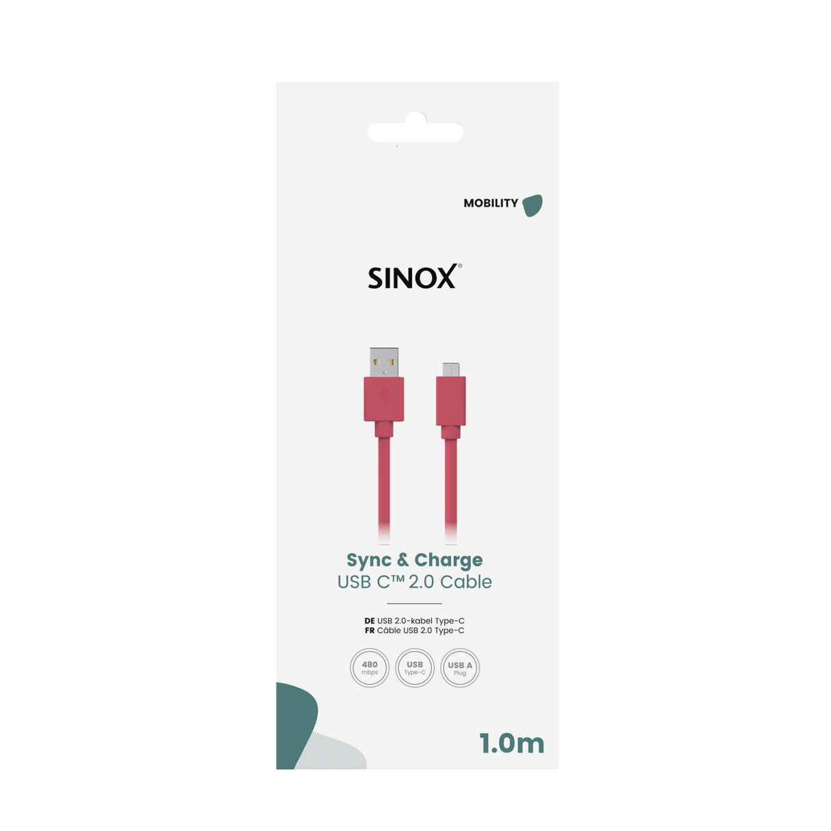 Sinox USB C til USB A kabel. 1m. Pink