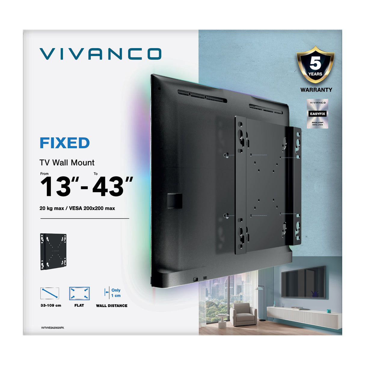 Vivanco TV-vægbeslag, FLAT, 43", 20 kg ,VESA 200x200