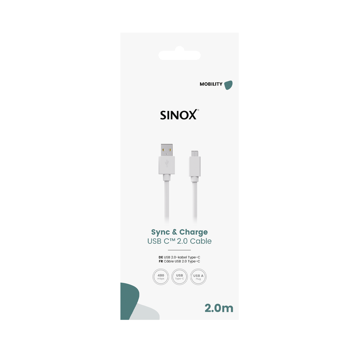 Sinox USB C til USB A kabel. 2m. Hvid
