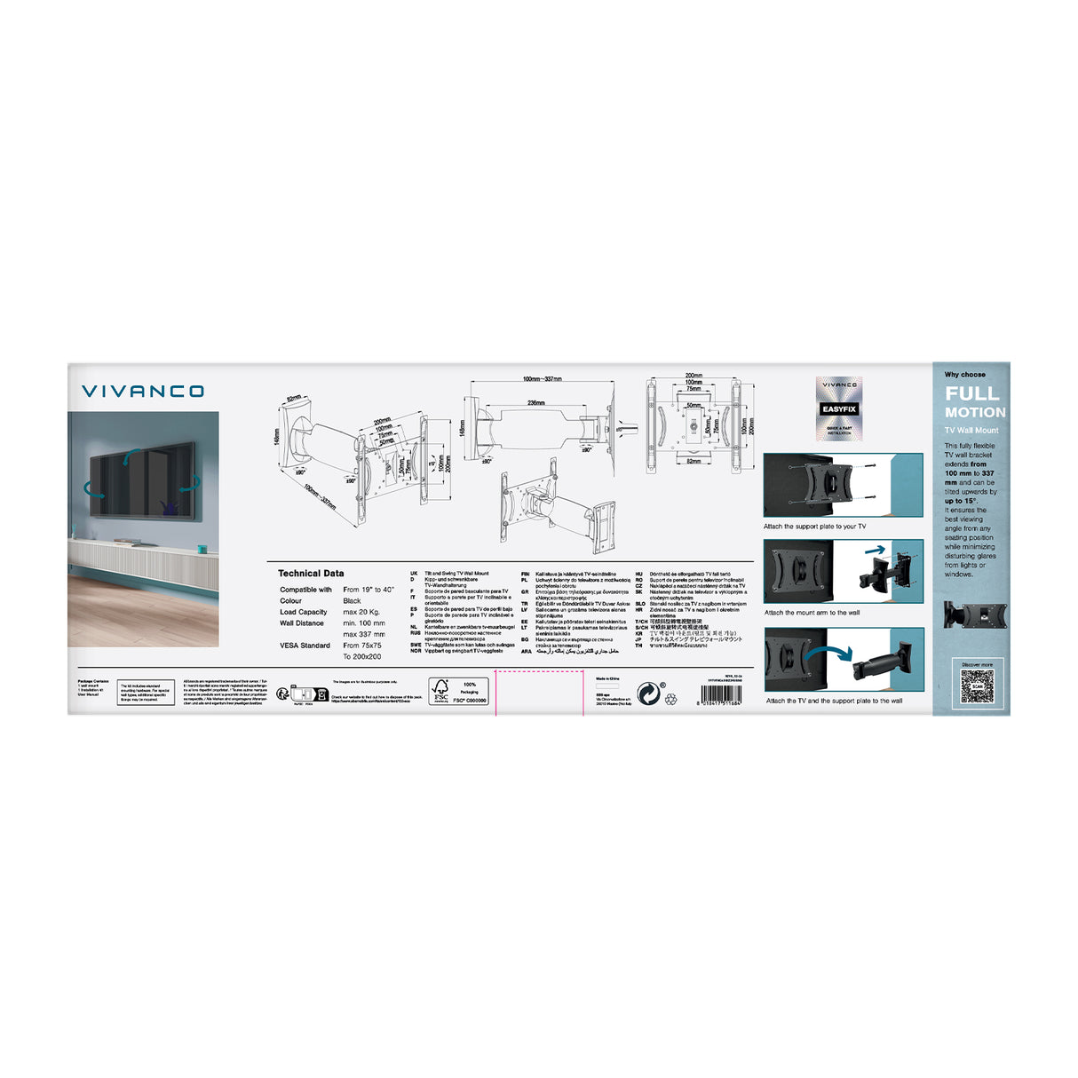 Vivanco TITAN TV-vægbeslag, TILT, rotation 360°, 40", 20 kg, VESA 200x200