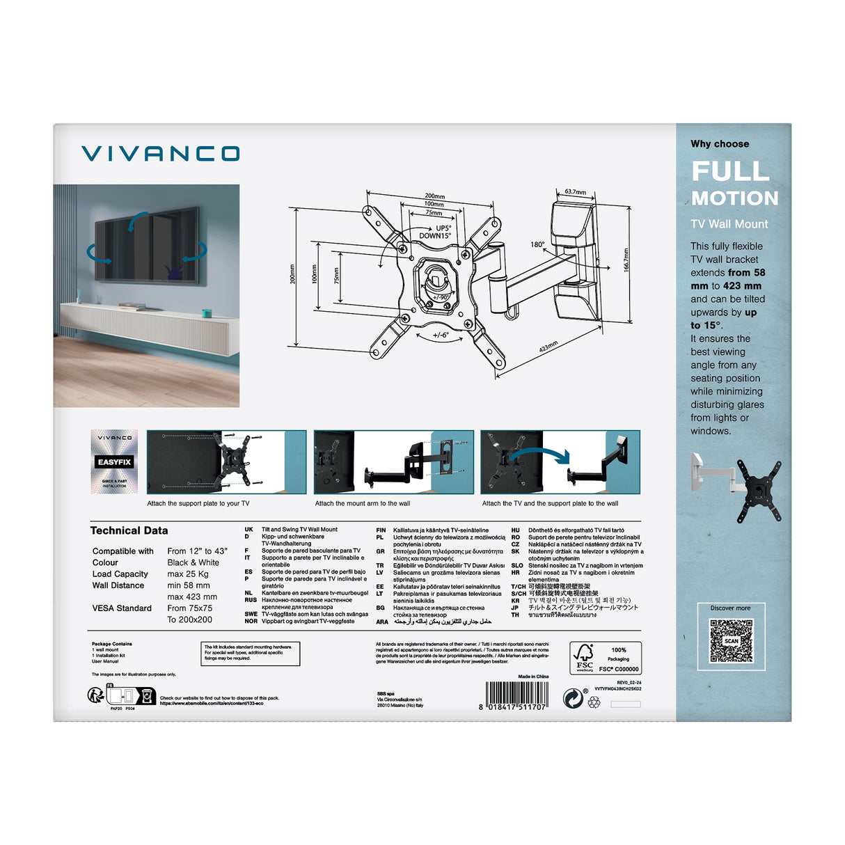Vivanco TV-vægbeslag, MOTION, dobbeltarm, 43", 25 kg hvid, VESA 200x200