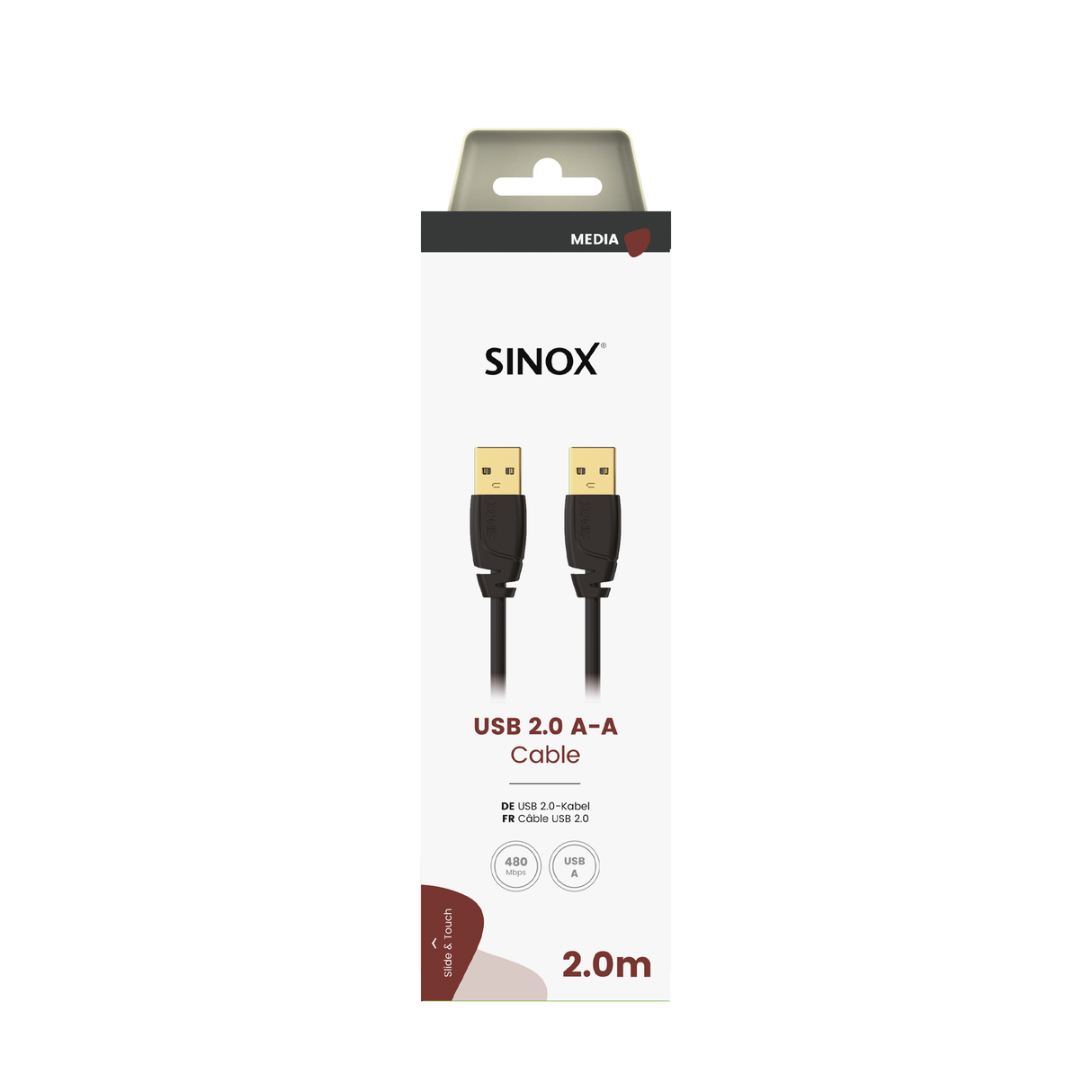Sinox USB 2.0 kabel. 2m. Sort