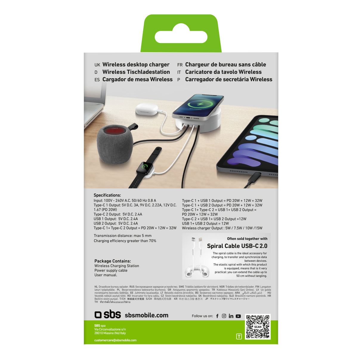 SBS Opladningsstation med 2 USB-A-porte, 2 USB-C-porte og trådløs oplader. Hvid
