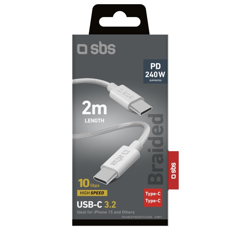 SBS USB-C 3.2 opladnings- og datakabel kompatibelt med 240W PD. 2m. Hvid