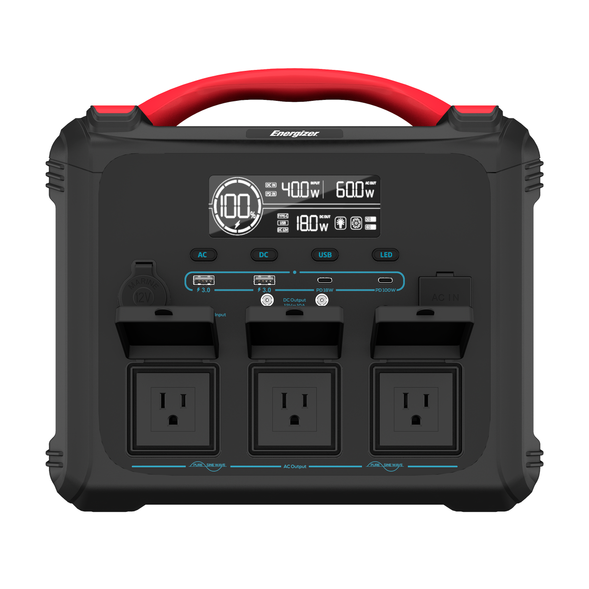 Energizer 1102Wh bærbart kraftværk med 2400W. Sort