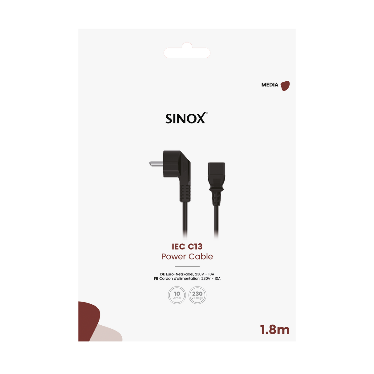 Sinox 3-pin strømkabel. 1,8m. Sort