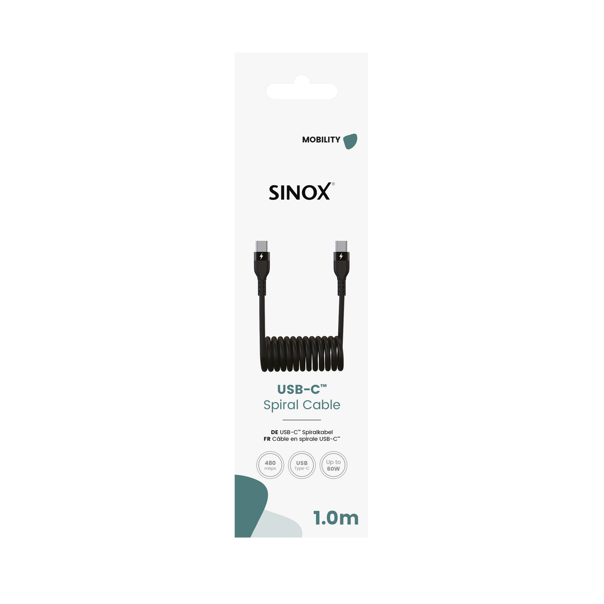Sinox USB C-spiralkabel. 1m. Sort