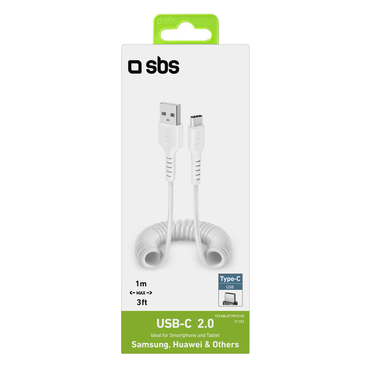 SBS data- og opladning spiralkabel USB 2.0 - USB C. 17-100cm. Hvid