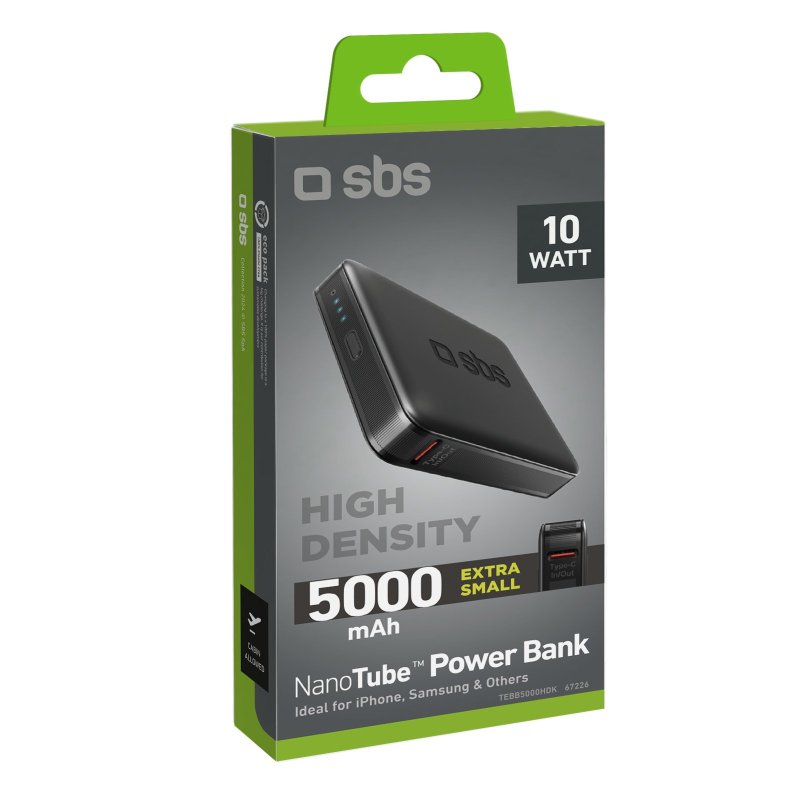 SBS Powerbank med høj densitet på 5000 mAh. Sort