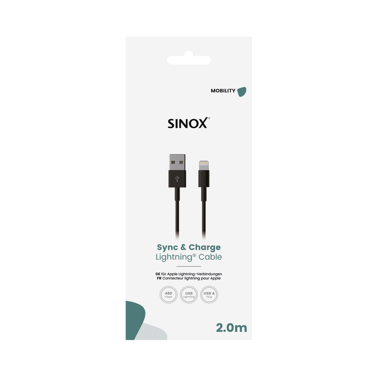 Sinox Lightning kabel. 2m. Sort
