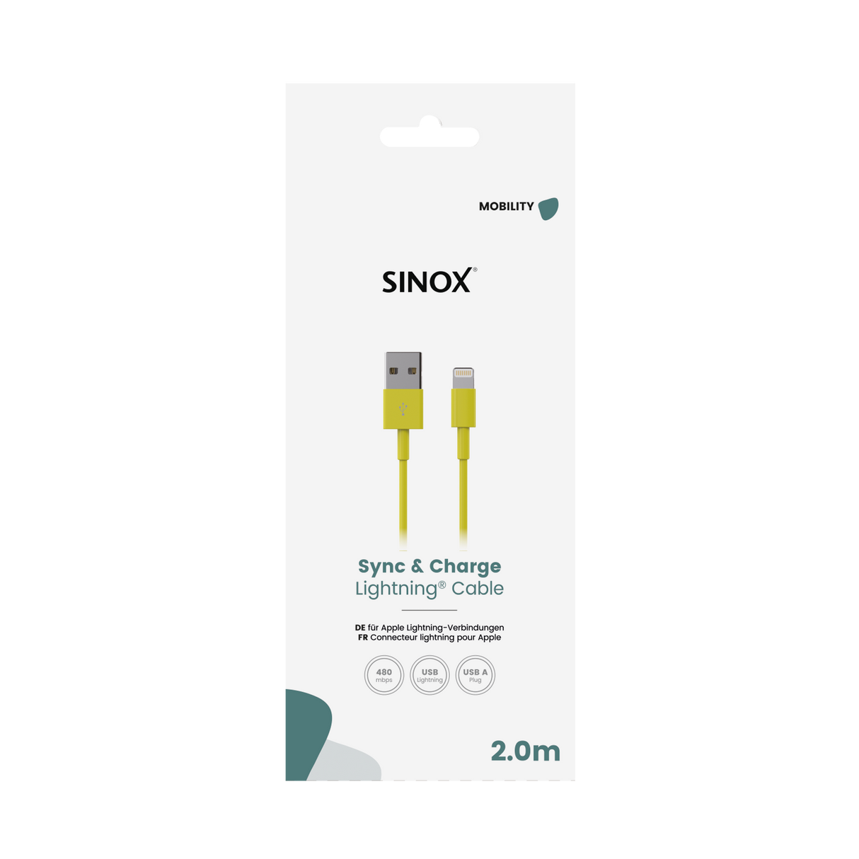 Sinox Lightning kabel. 2m. Gul