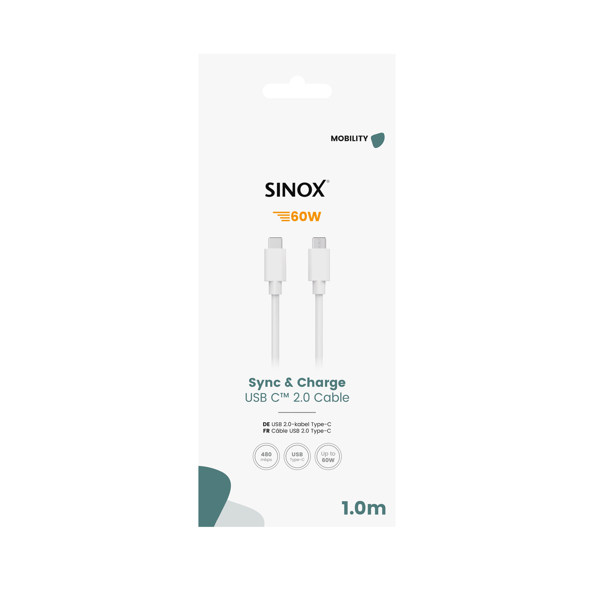 Sinox USB C kabel. 1m. Hvid