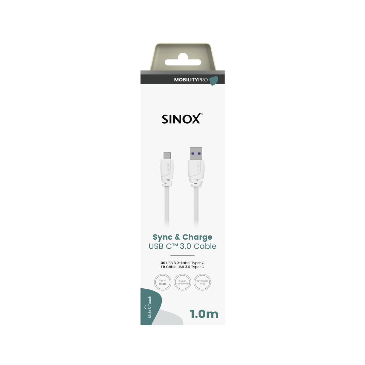 Sinox PRO USB C til USB A kabel. 1m. Hvid