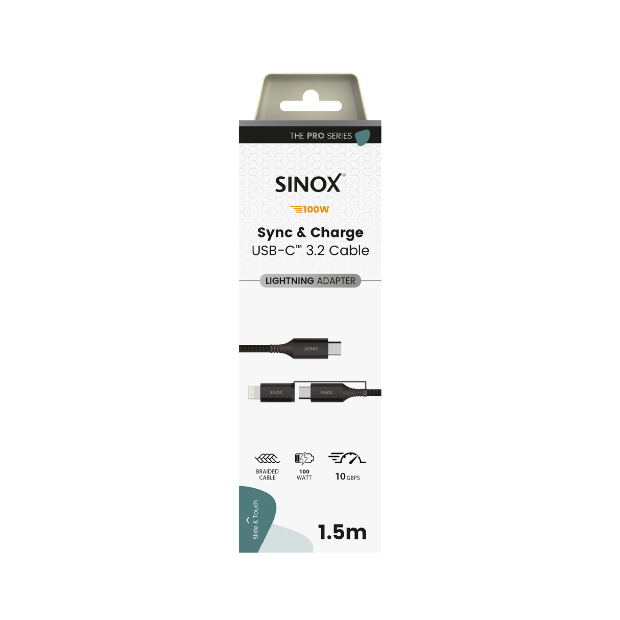 Sinox PRO 2-i-1 kabel med USB-C og Lightning. 1,5m. Braided. Sort