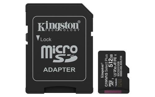 Kingston Technology 512 GB microSDXC Canvas Select Plus Gen3 150 MB/s A1-kort + adapter